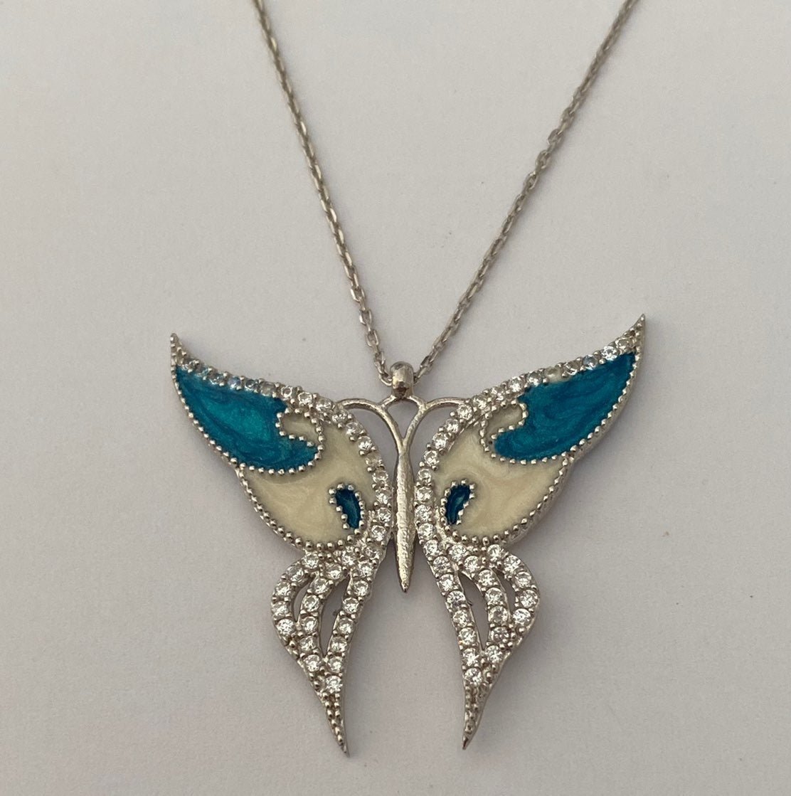 Butterfly enamel 925 silver cz necklace