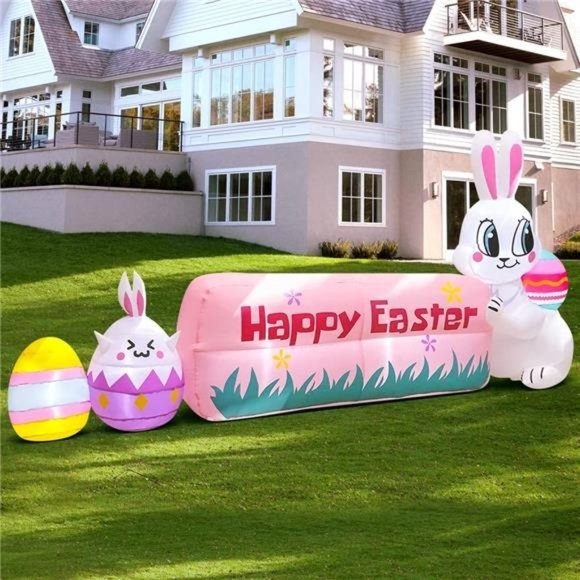 8 FT Easter Inflatables Outdoor Decorations Bunny Holding Sign