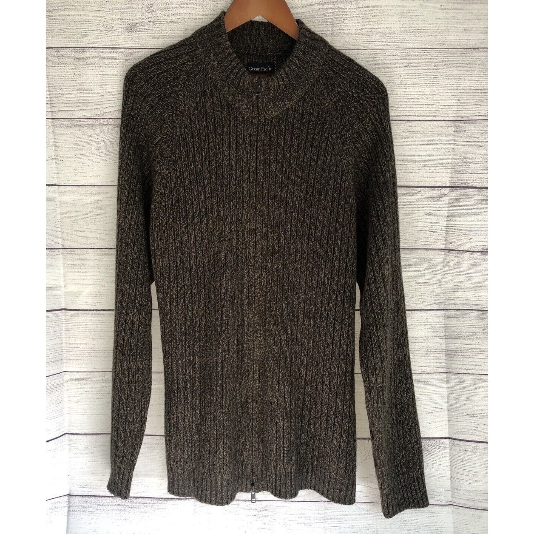 Vintage Ocean Pacific Sweater Mens XL Full Zip Cardigan Chunky Ribbed Knit Brown