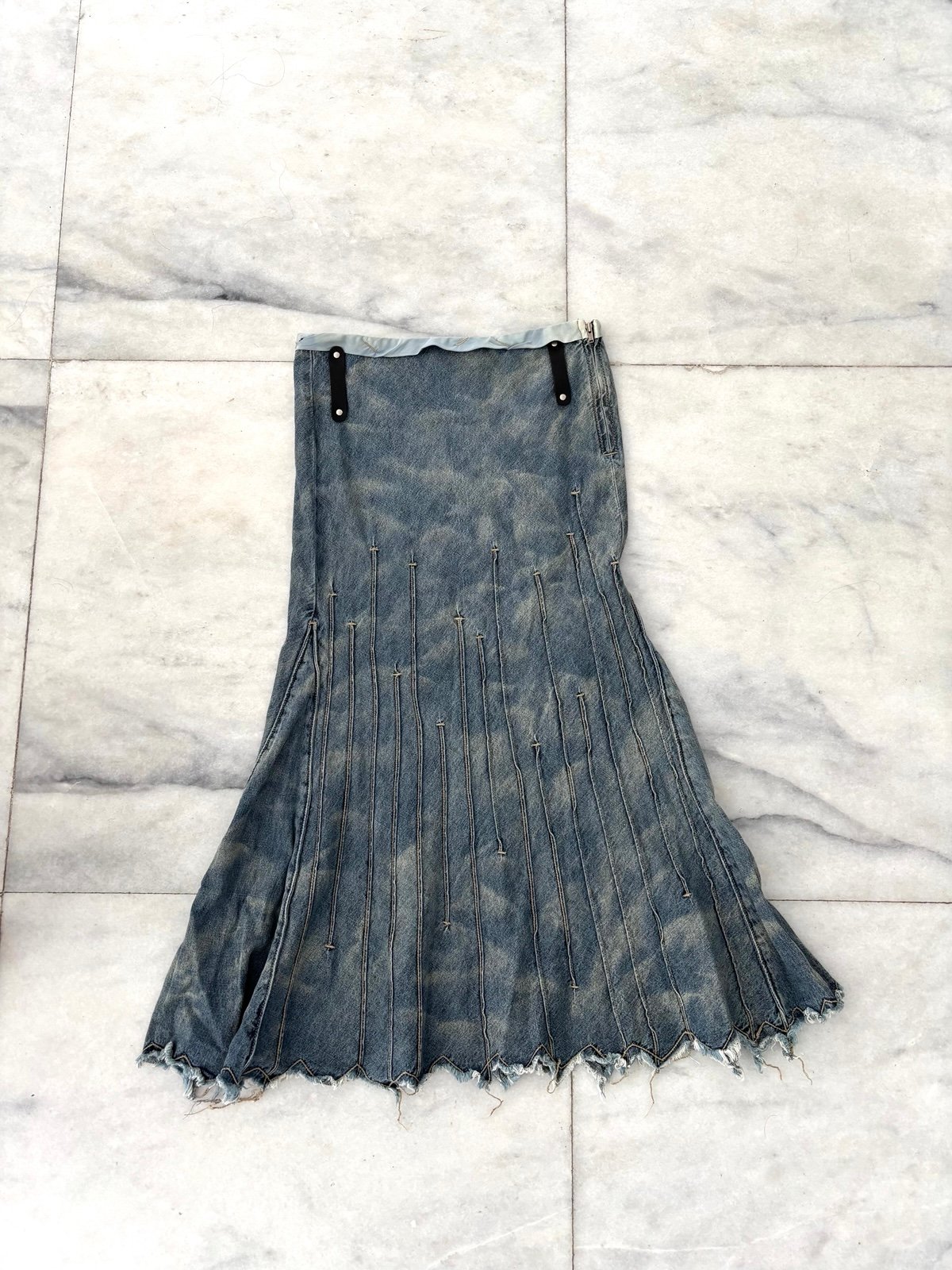 Vintage Marithe Francois Girbaud Skirt Denim Trumpet Pleated Frayed Hem Long 24