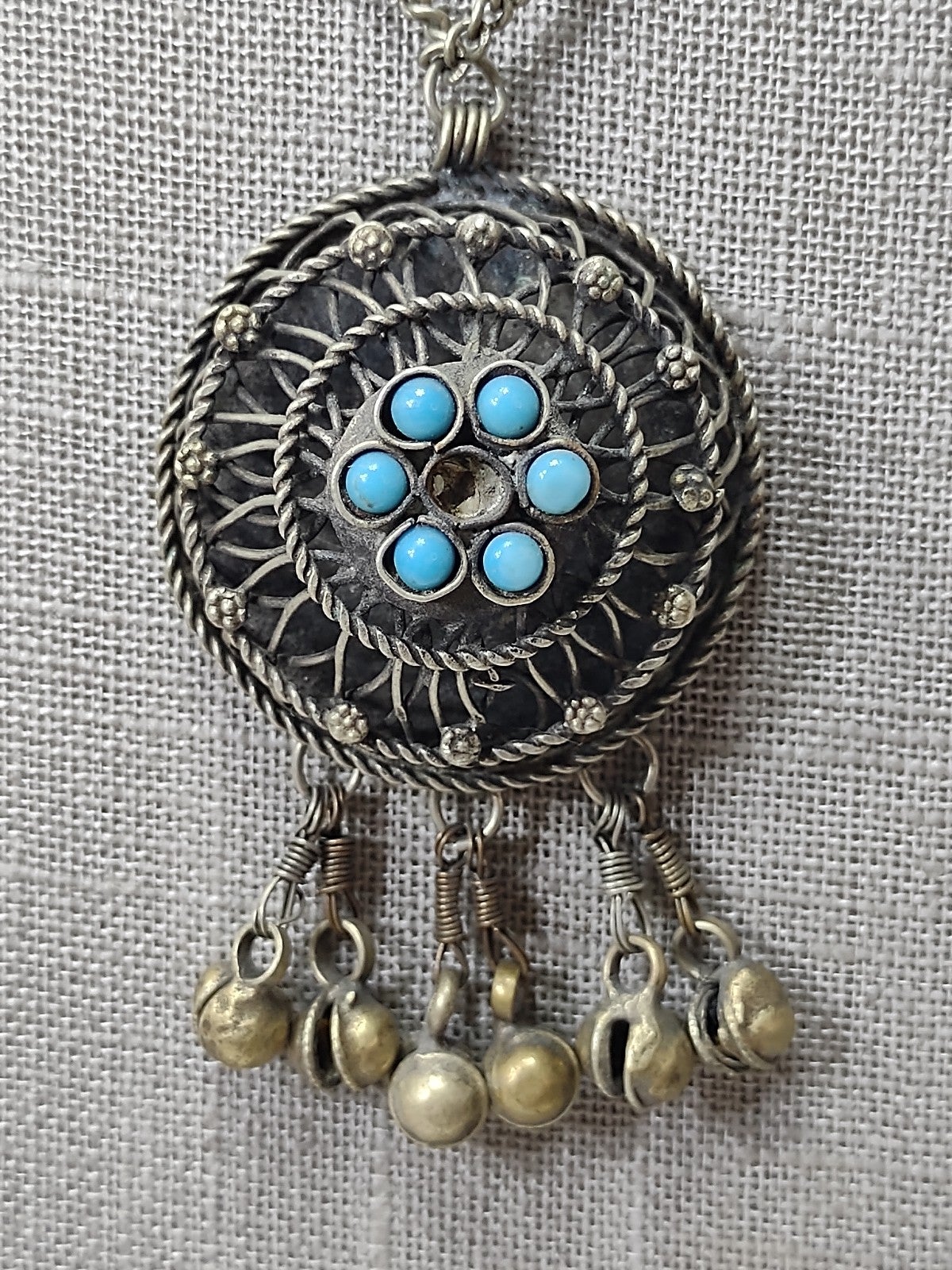 Vintage Paiute Native Caged Jingle Necklace Wire Turquoise Dome Statement Piece