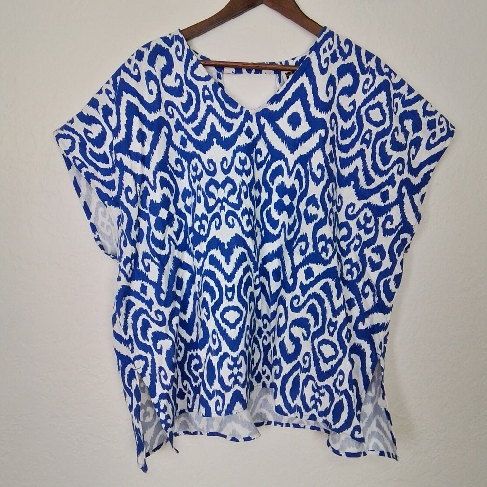 Anne Klein Oversized Blouse Sz M Blue White Linen Blend Short Sleeve Top V Neck