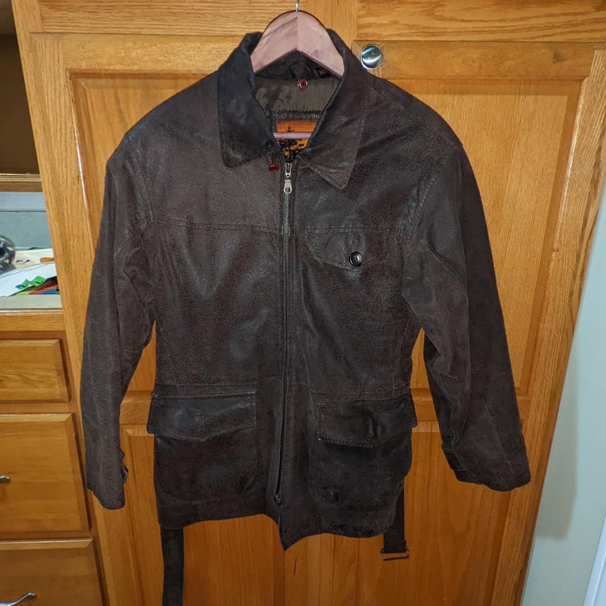 Dark Brown Outbrook Genuine Leather Jacket Coat Belted women size M Western retr