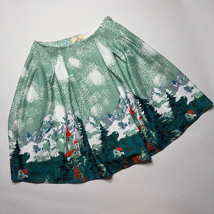 Grace Karin Skyline Green Alpine Ski Novelty Print Pleated Skirt Mountains Large