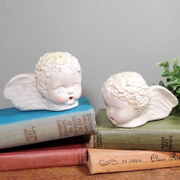 Vintage Cherub Angel Candle Holders Set of 2 Chalkware Plaster Taper Candle