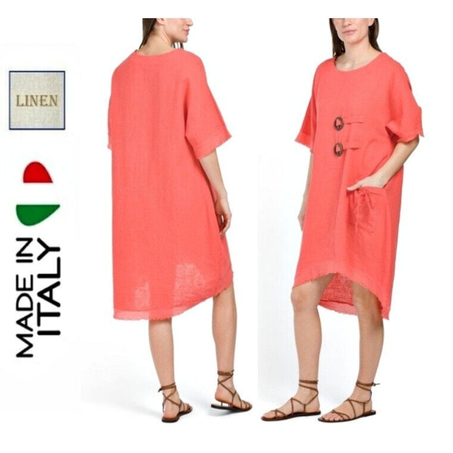 CRISTINA VERGANI Linen-Cotton-Blend Double Buckle Dress in Coral M Made InItaly