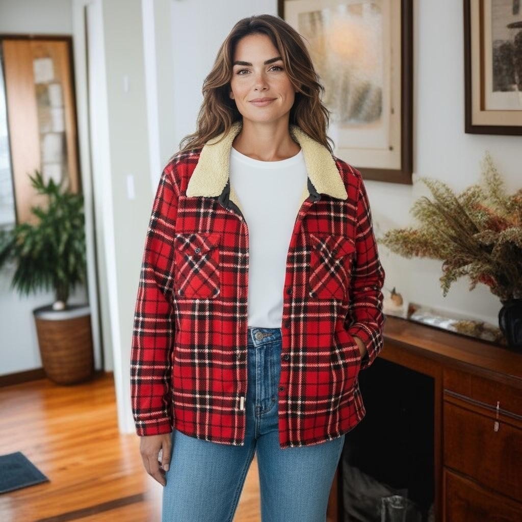 Soho Threads Shacket Womens XL Red Plaid Sherpa Lined Snap Front Shirt Jacket