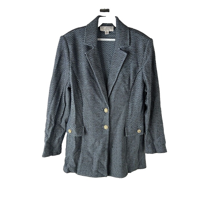 St. John Marie Grey Womens 12 Santana Knit Herringbone Button Blazer Jacket USA