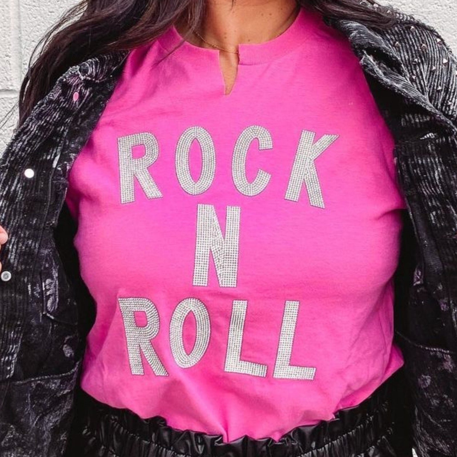 Pink & Silver Rhinestone Rock N Roll Cut Neck Tee/T-Shirt