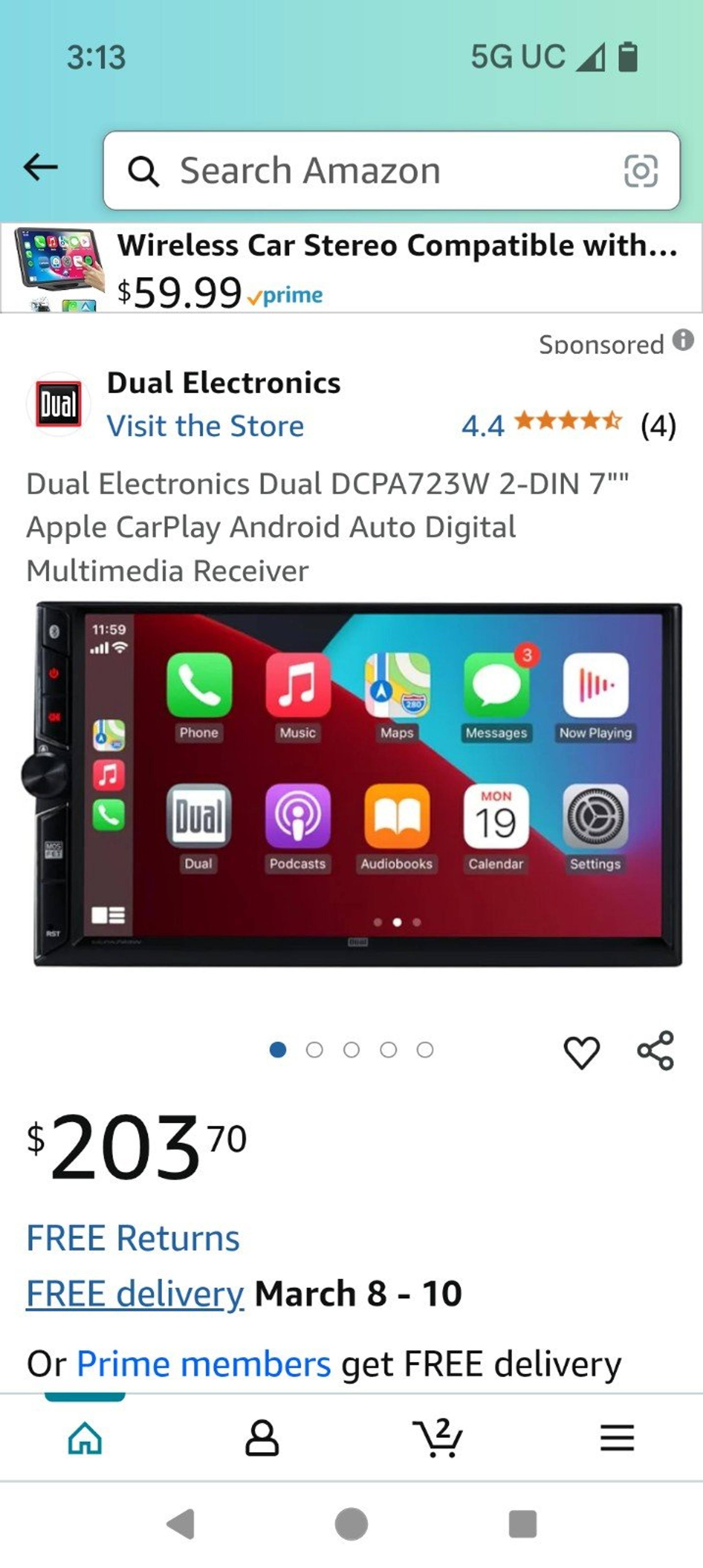 Dual Electronics Dual DCPA723W 2-DIN 7"" Apple CarPlay Android Auto Digital