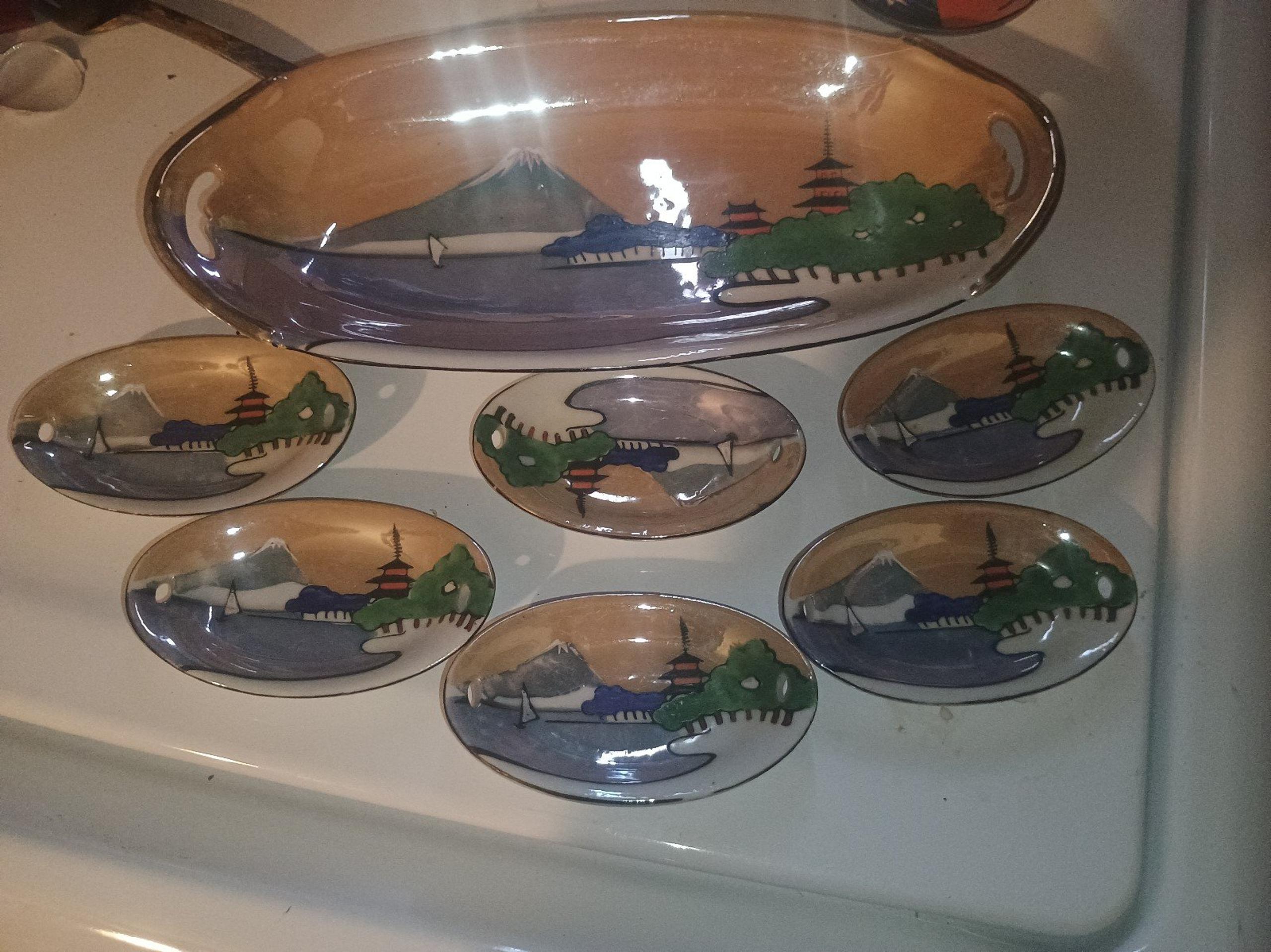 Antique Japanese hand painted lustre-ware celery set, circa 1920-1930
