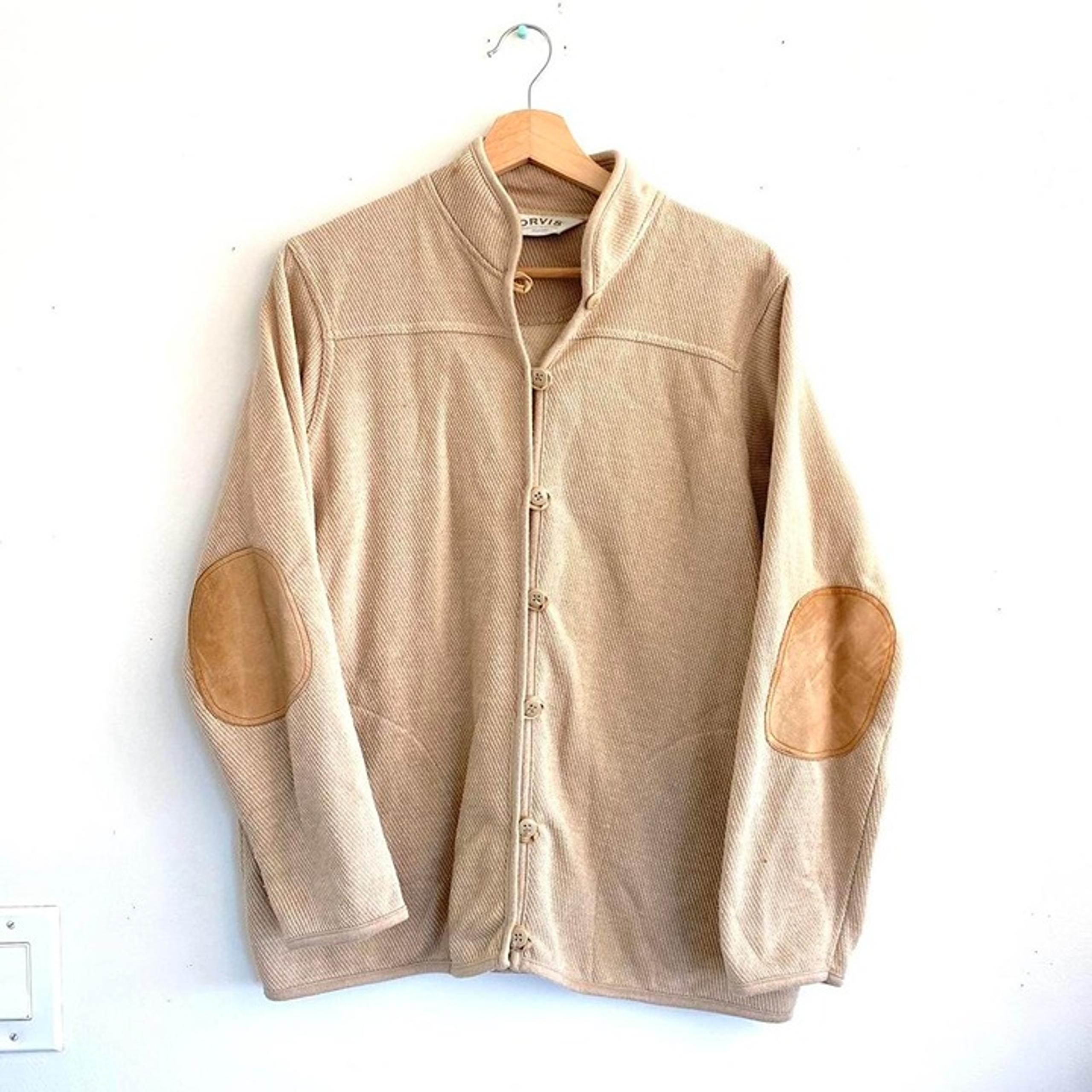 ORVIS CREAM TAN WAFFLE KNIT CARDIGAN SWEATER MEDIUM ELBOW PATCH