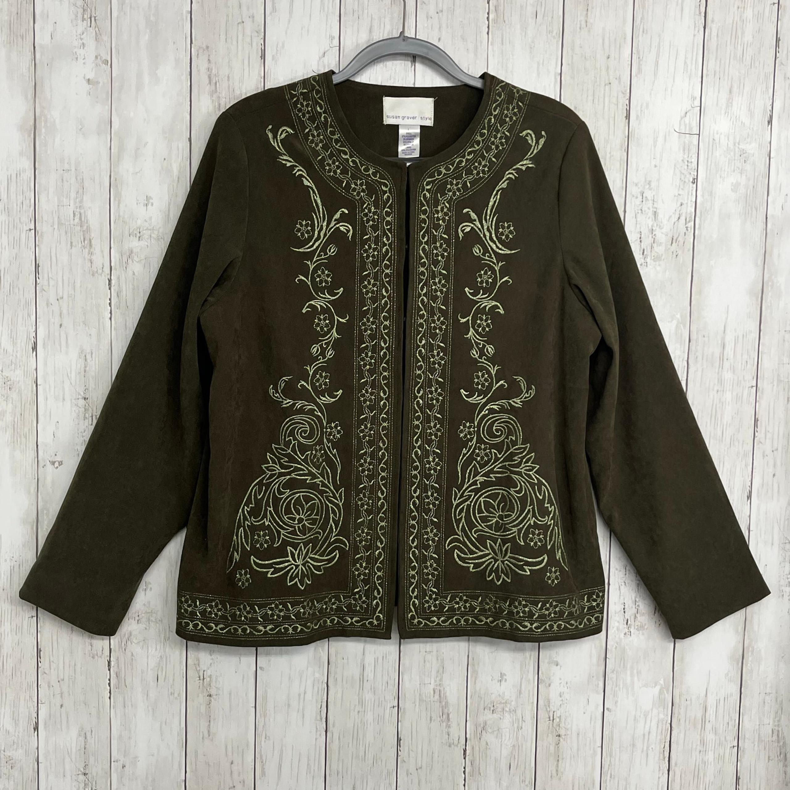 Susan Graver Green Faux Suede Embroidered Floral Long Sleeve Jacket Large