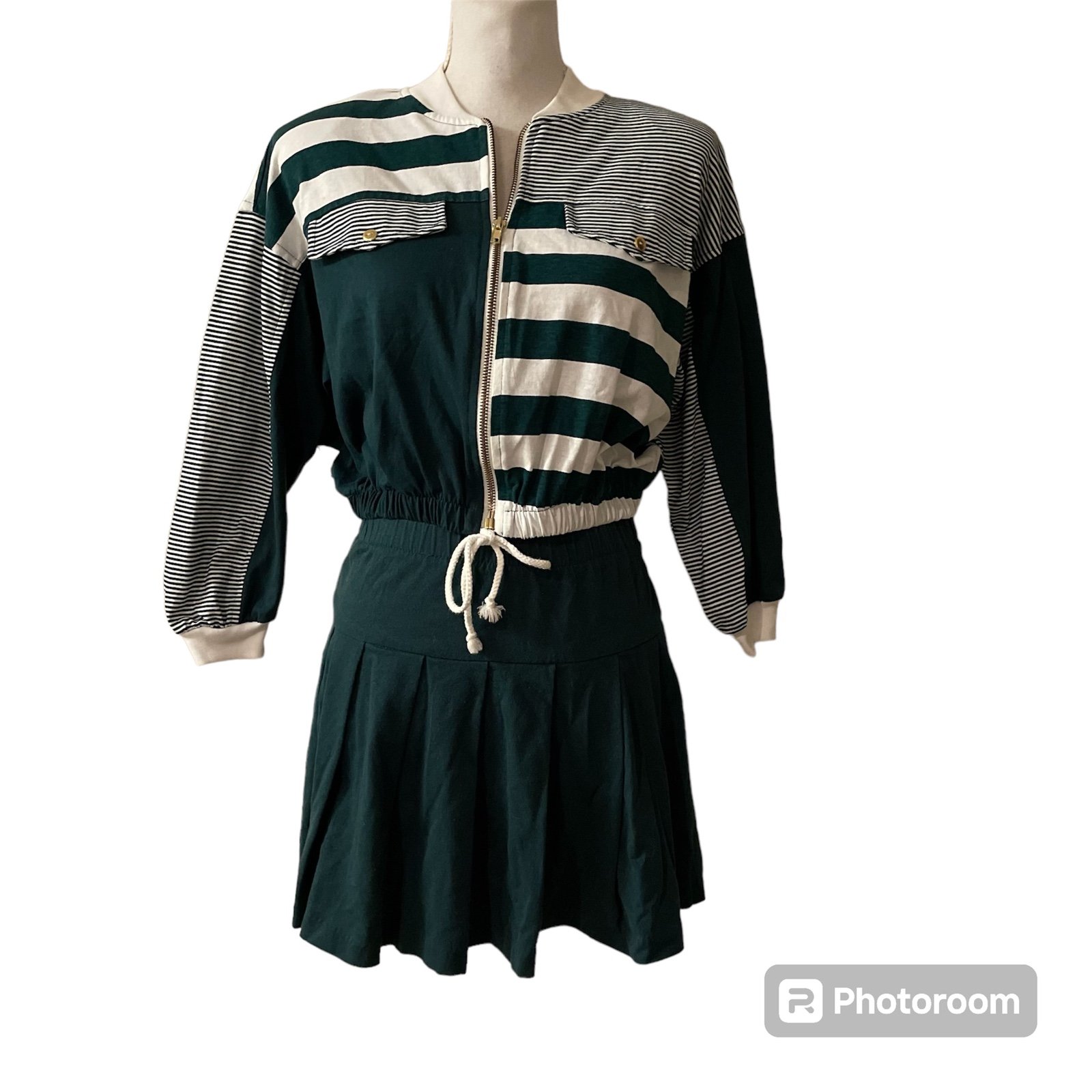 Vtg Amy Byer Green Tennis Skirt Striped Shoulder Pads Jacket Sz Girls 14 (Large)