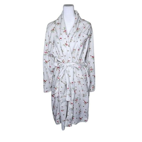 Ralph Lauren Robe Pink Floral Fleece Womens Size XL Ivory Roses Cottage Core