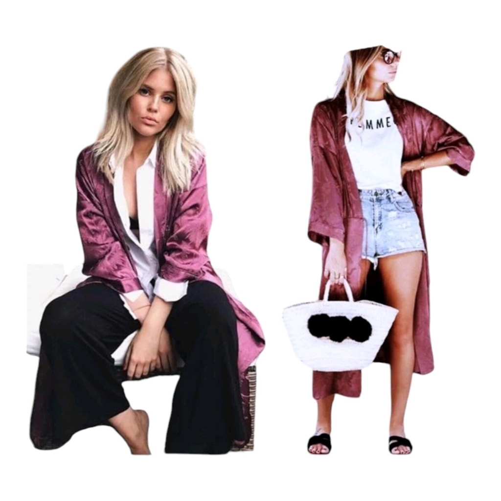 ZARA Jacquard Satin Kimono Silky Jacket Coat Purple Large Blogger Fav