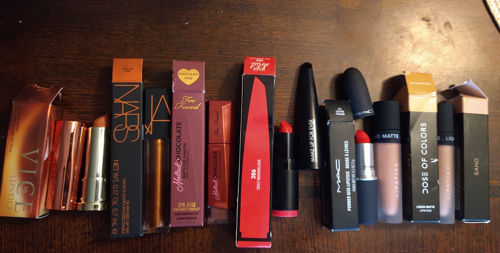 Mac,DOSE,MakeupForever, DOSE, VICE, NARS lipsticks+ Too Faced eyeshadow -lot of7