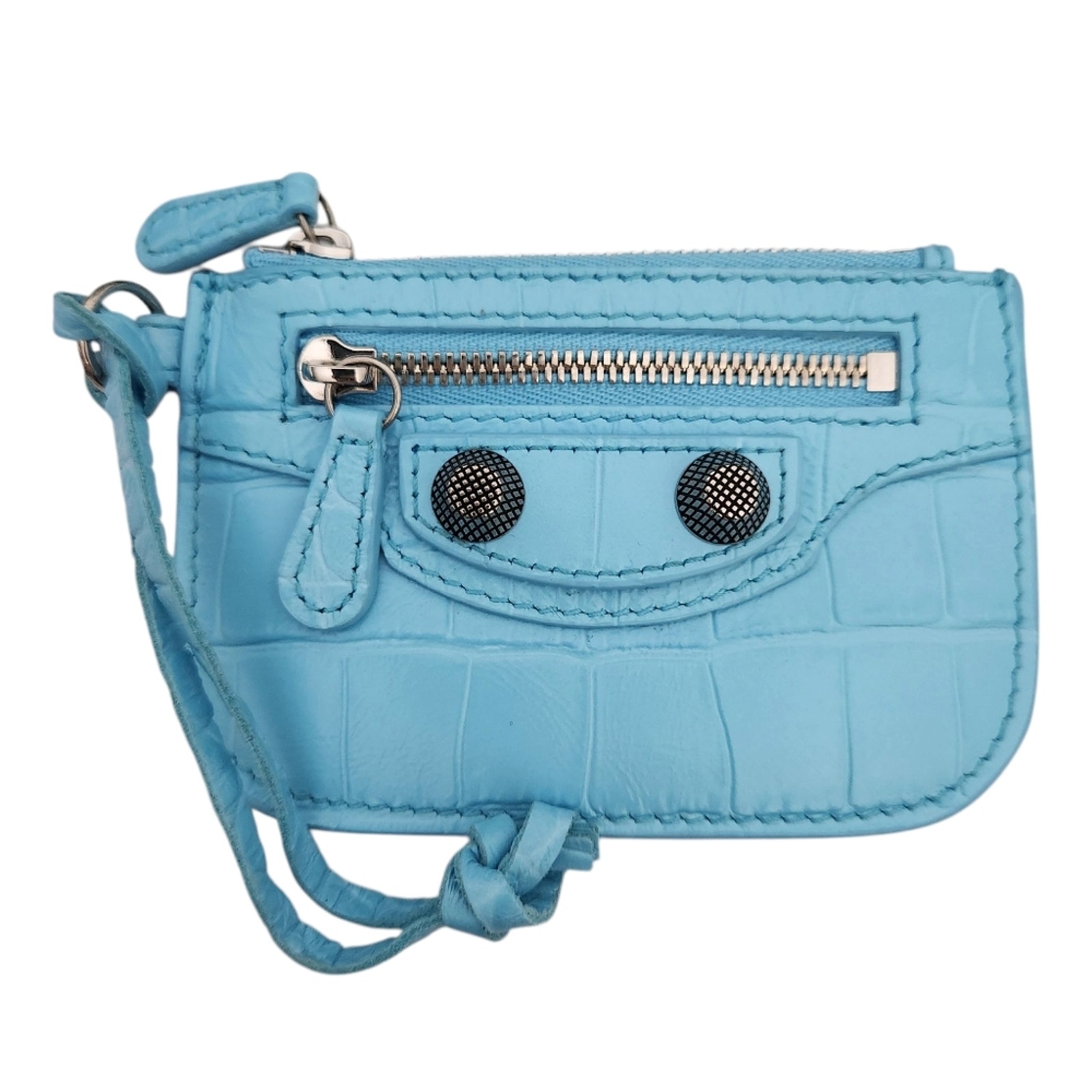 Authentic Balenciaga Le Cagole Leather Zip Card Case Sky Blue Luxury