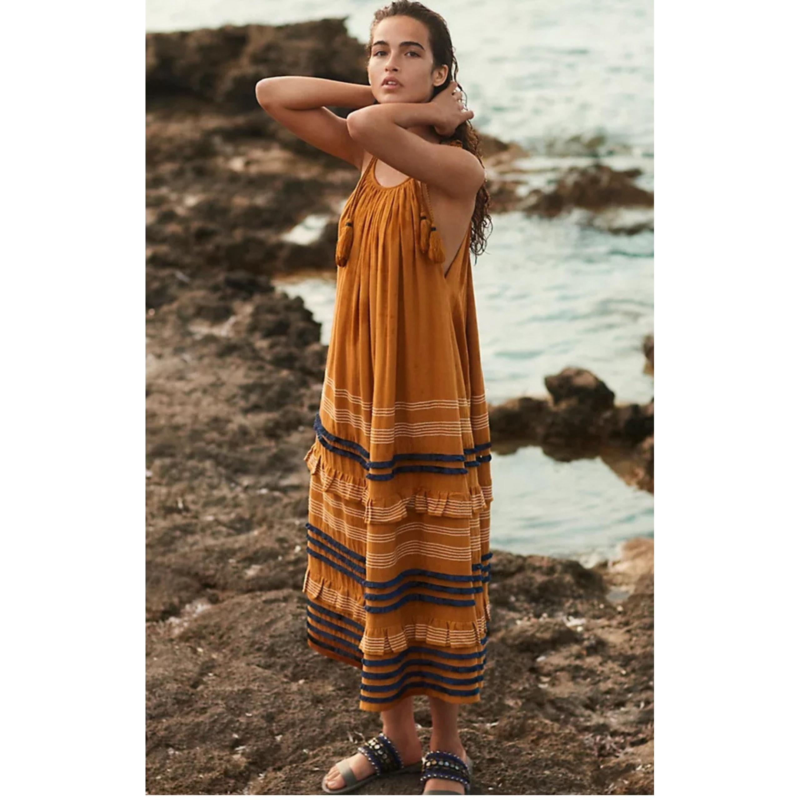 Anthropologie COREY LYNN CALTER SERENA TRAPEZE  Dress Small Boho Midi Gold Navy