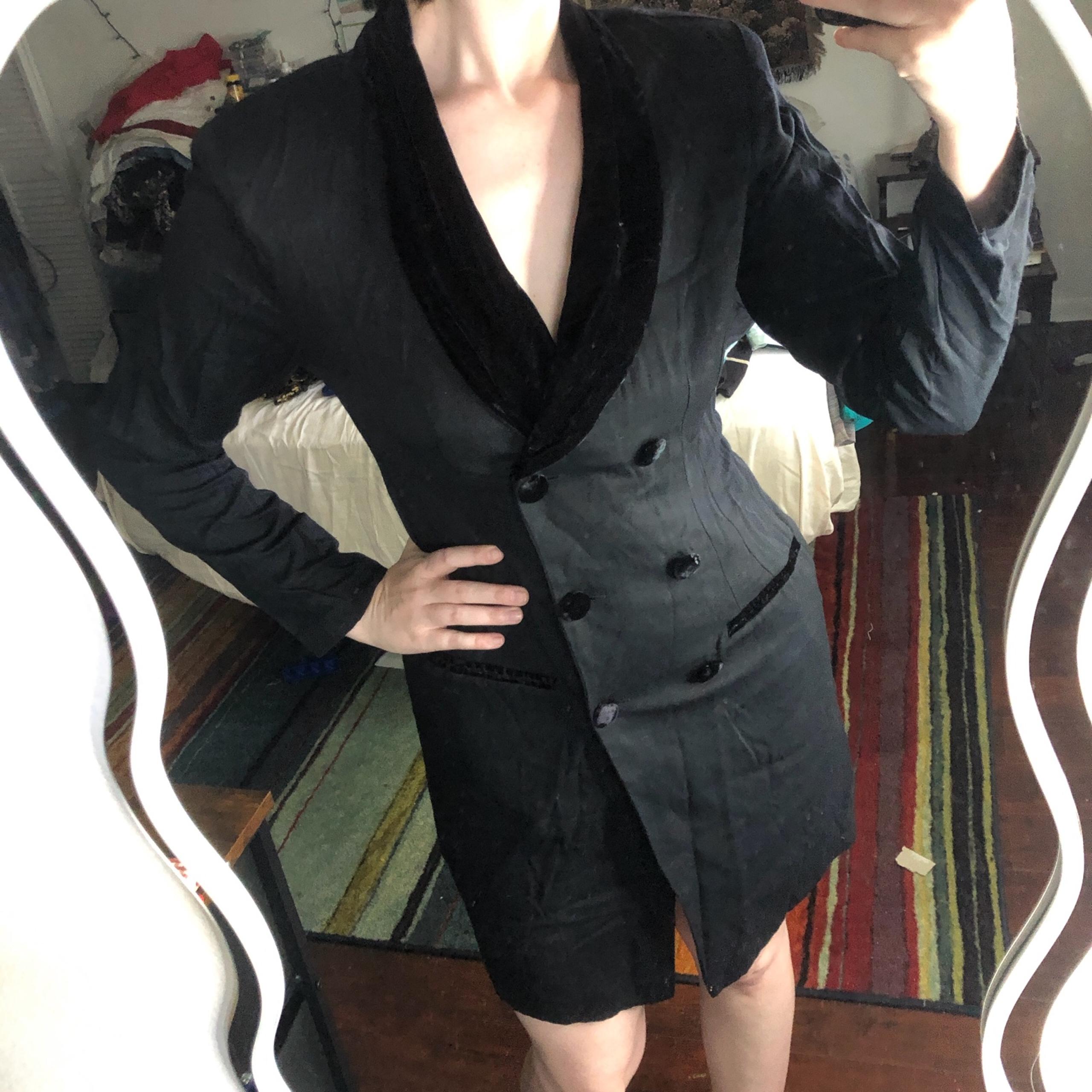 vintage trench coat or dress with shoulder pads, velvet collar & buttons