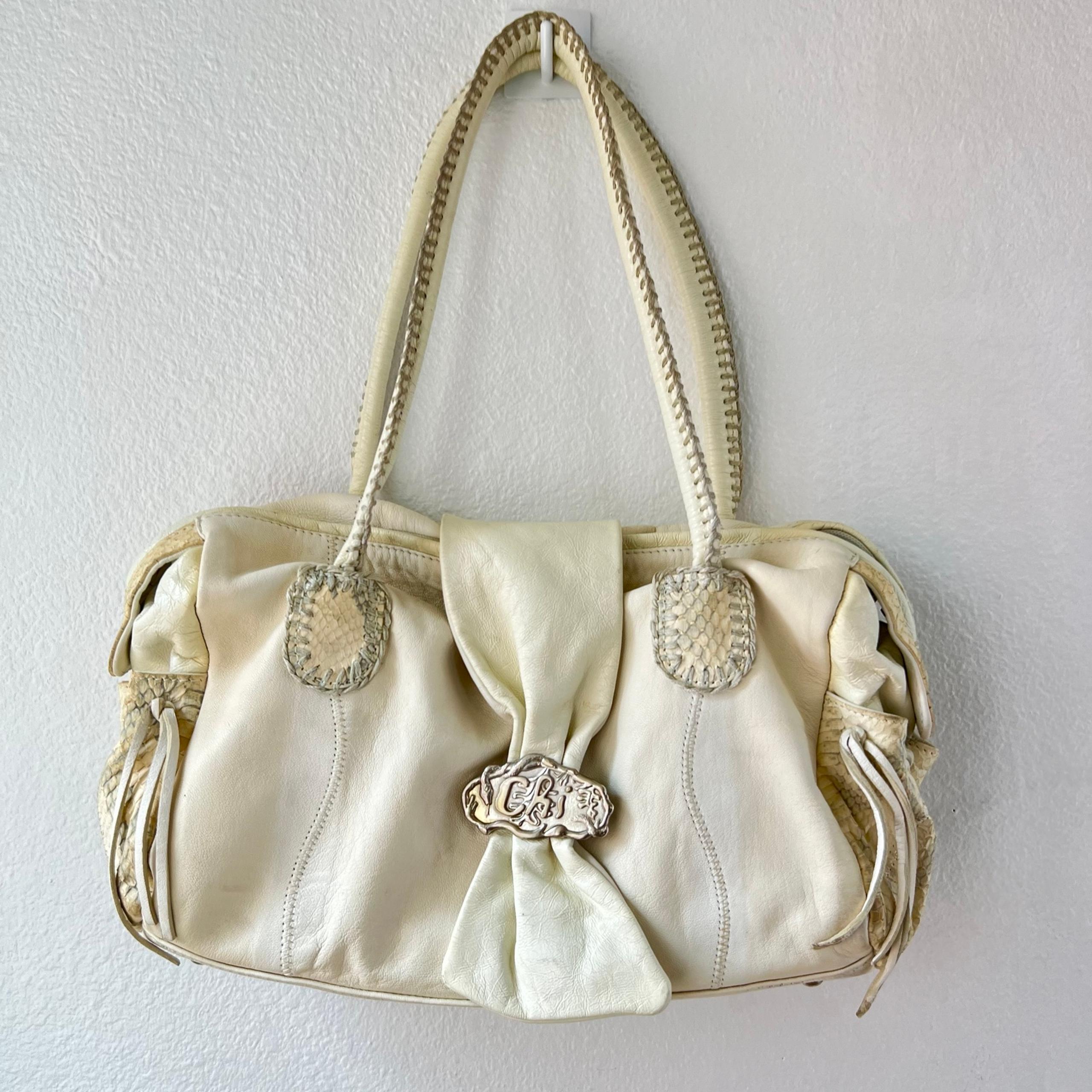 Vintage Chi by Carlos Falchi White Leather Snake Skin Hobo Shoulder Bag Purse