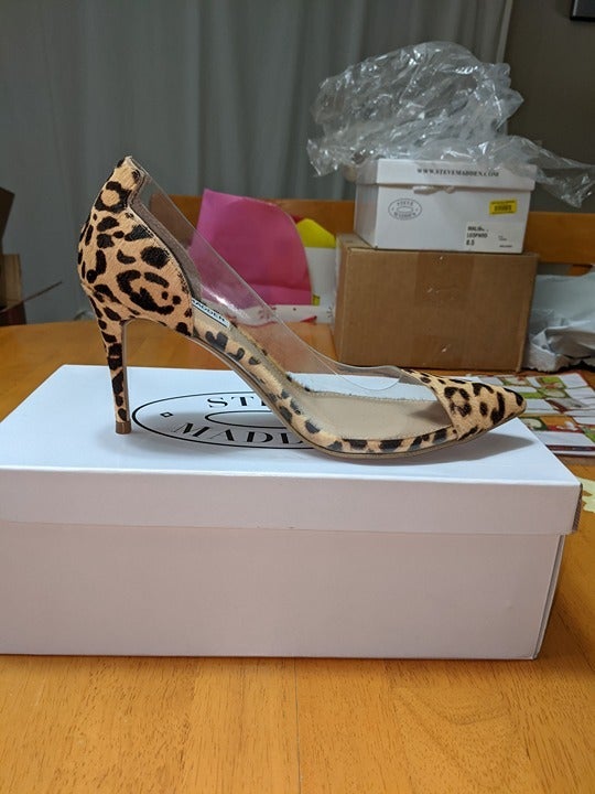 NEW STEVE MADDEN MALIBU-L LEOPARD PRINT CLEAR HEELS