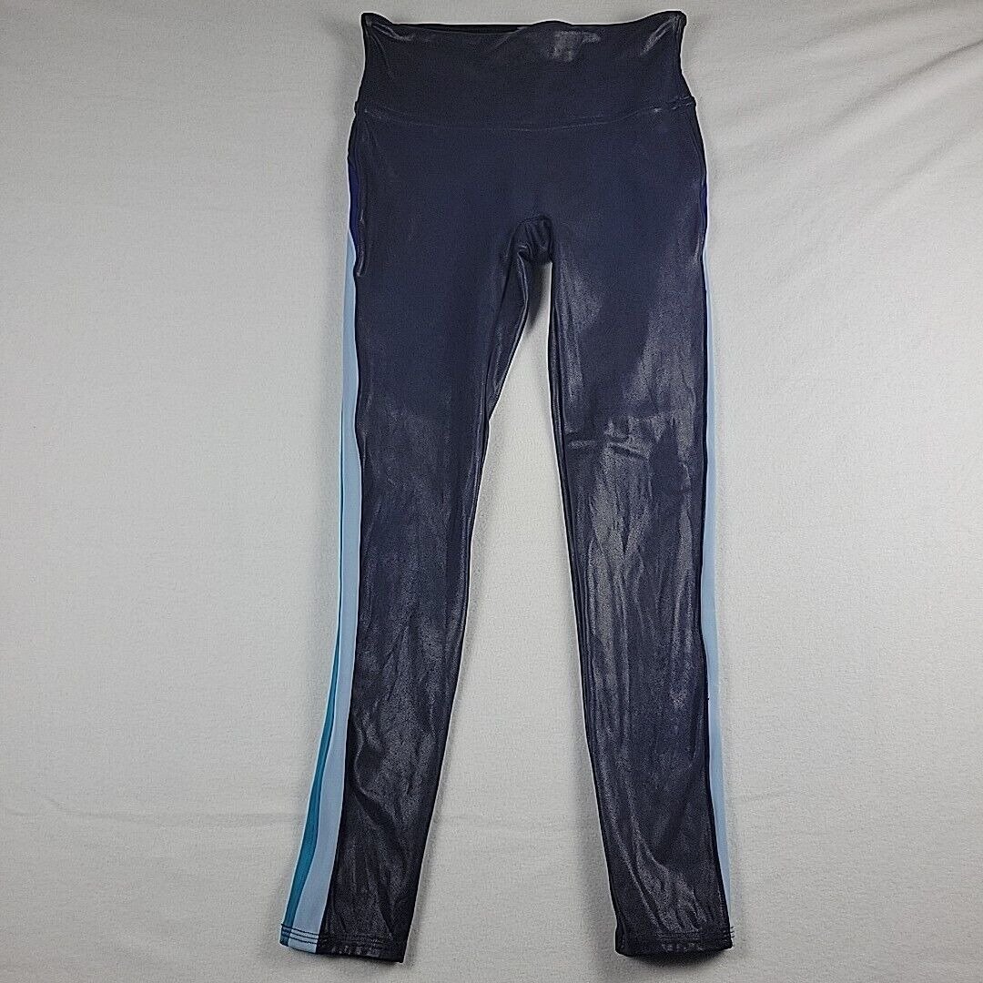 Spanx Faux Leather Track Stripe Blue Leggings Women's Sz Small