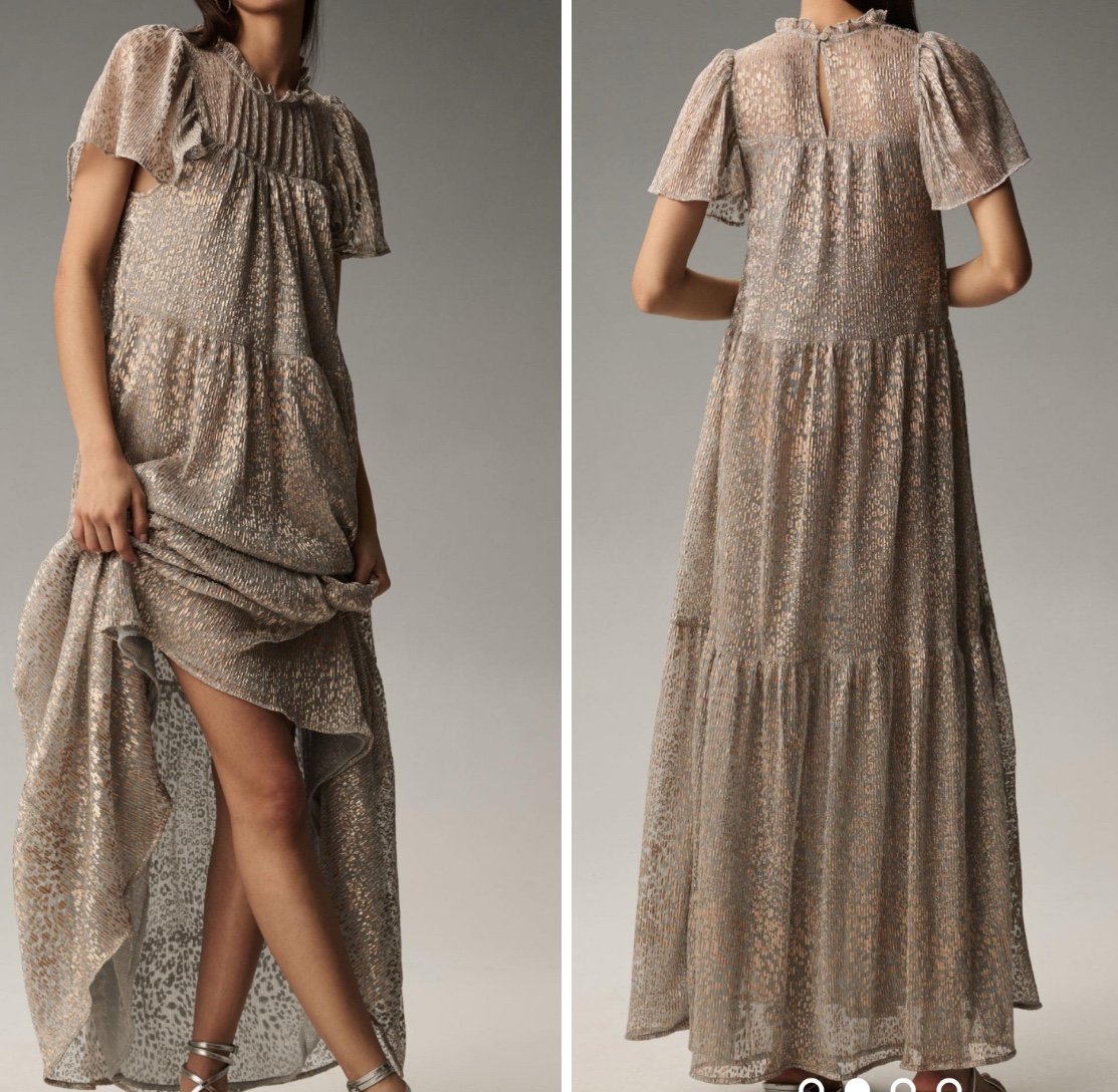 Anthropologie Short Sleeve Mock Neck Maxi Dress in Silver size M