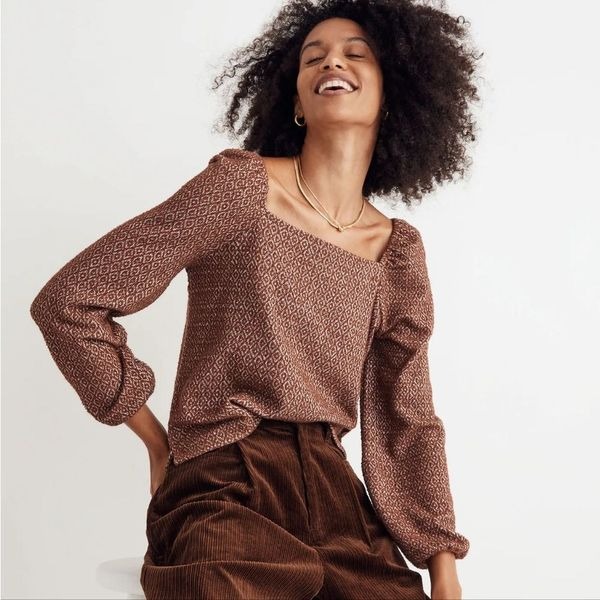 Madewell Jacquard Knit Square Neck Puff-Sleeve Cropped Textured Sweater Blouse M