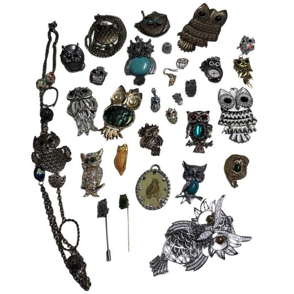 Large 30 Piece Lot Vintage Owl Jewelry Necklaces Brooches Pins Rings Resell