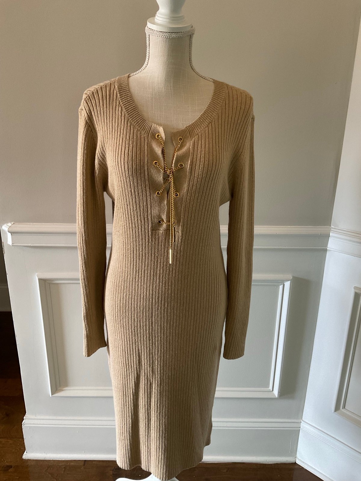 New Michael Kors Camel Ribbed Lace-Up Stretch Knit Dress - Size L