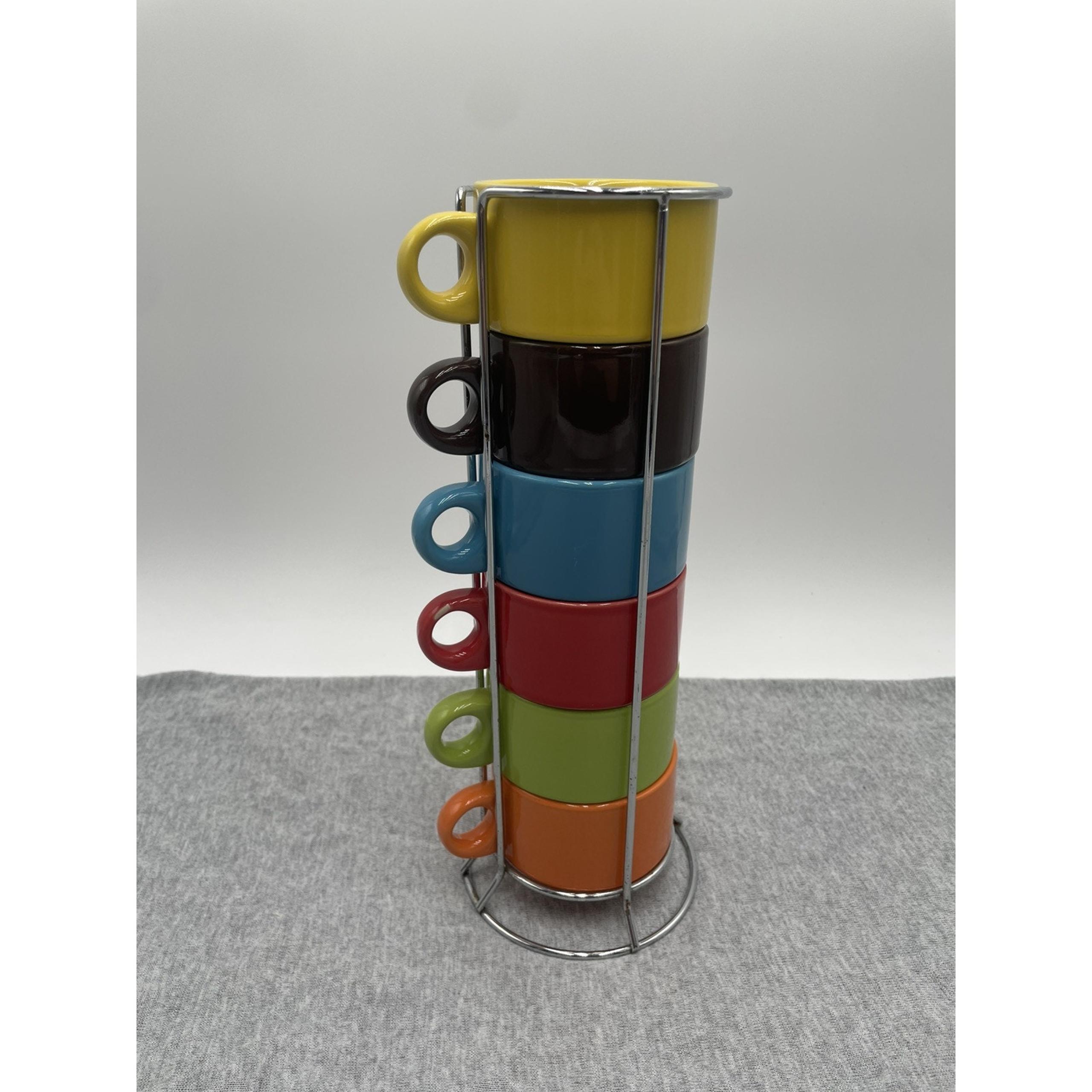 Pier 1 Pier One Mugs Stackable Rainbow Colorful Mugs Cups Set of 6 Wire Rack