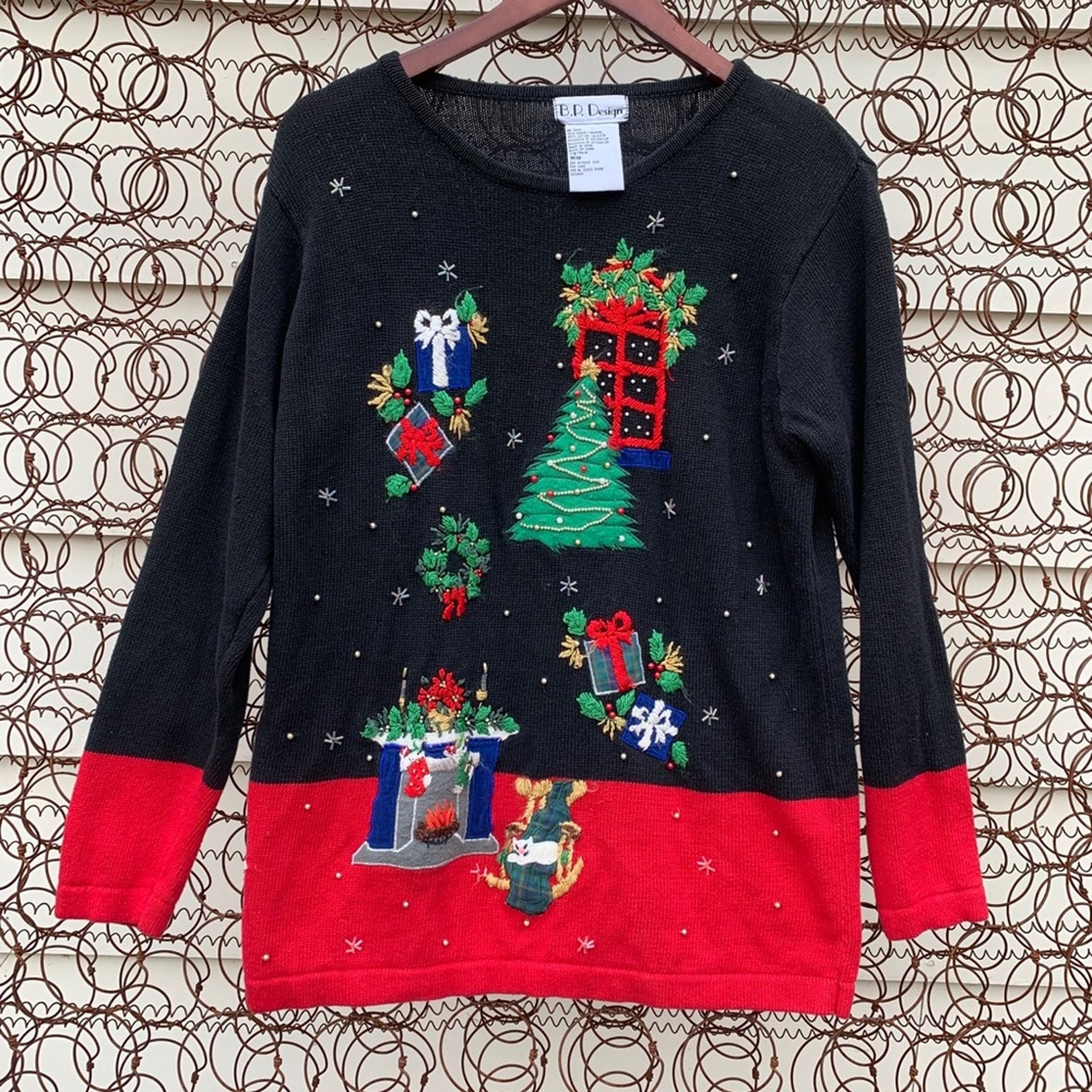 Vintage 90s gaudy ugly Christmas sweater cat fireplace MEDIUM