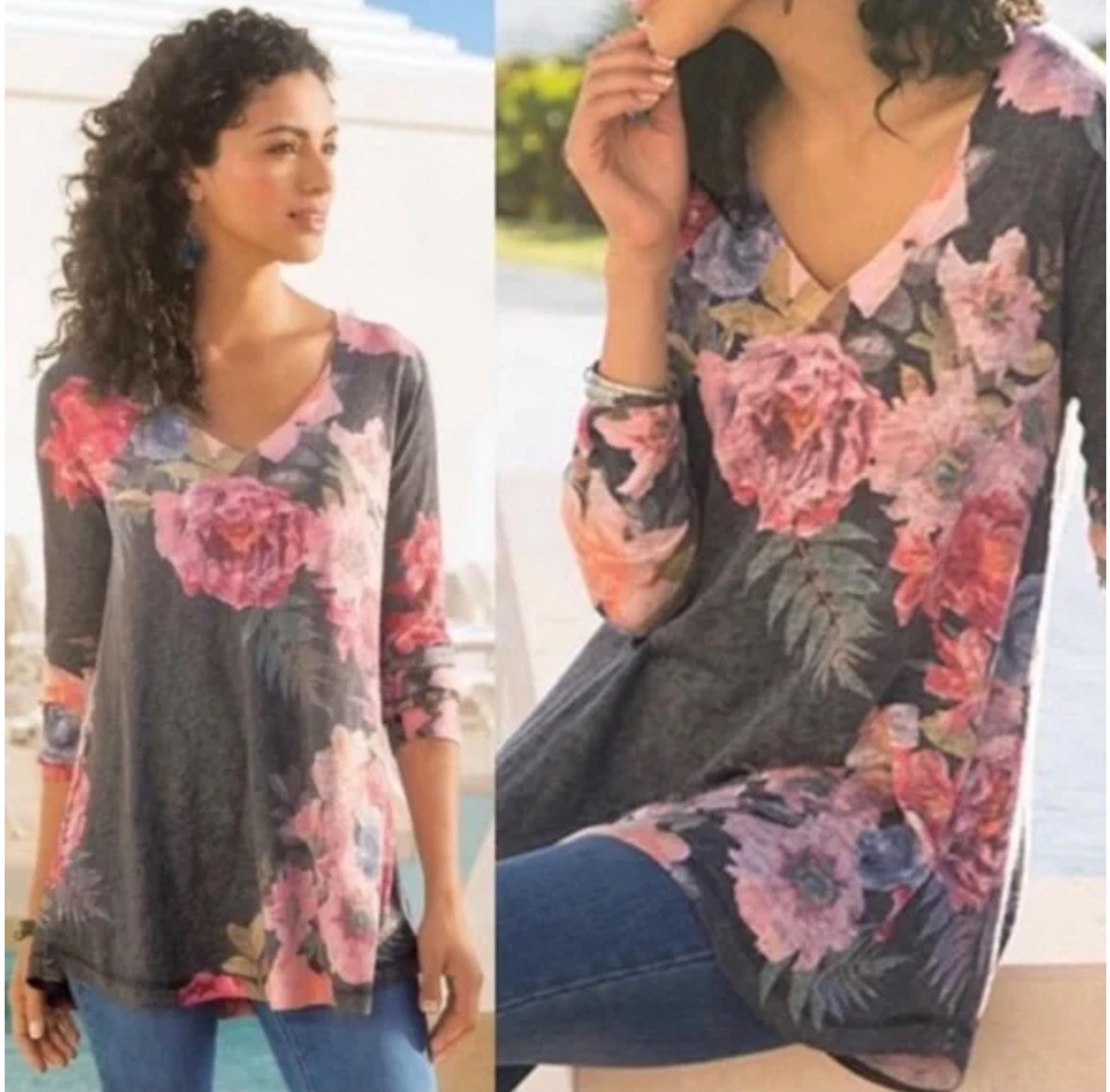 NWT Soft Surroundings Midnight Blooms Gray Floral Sweater