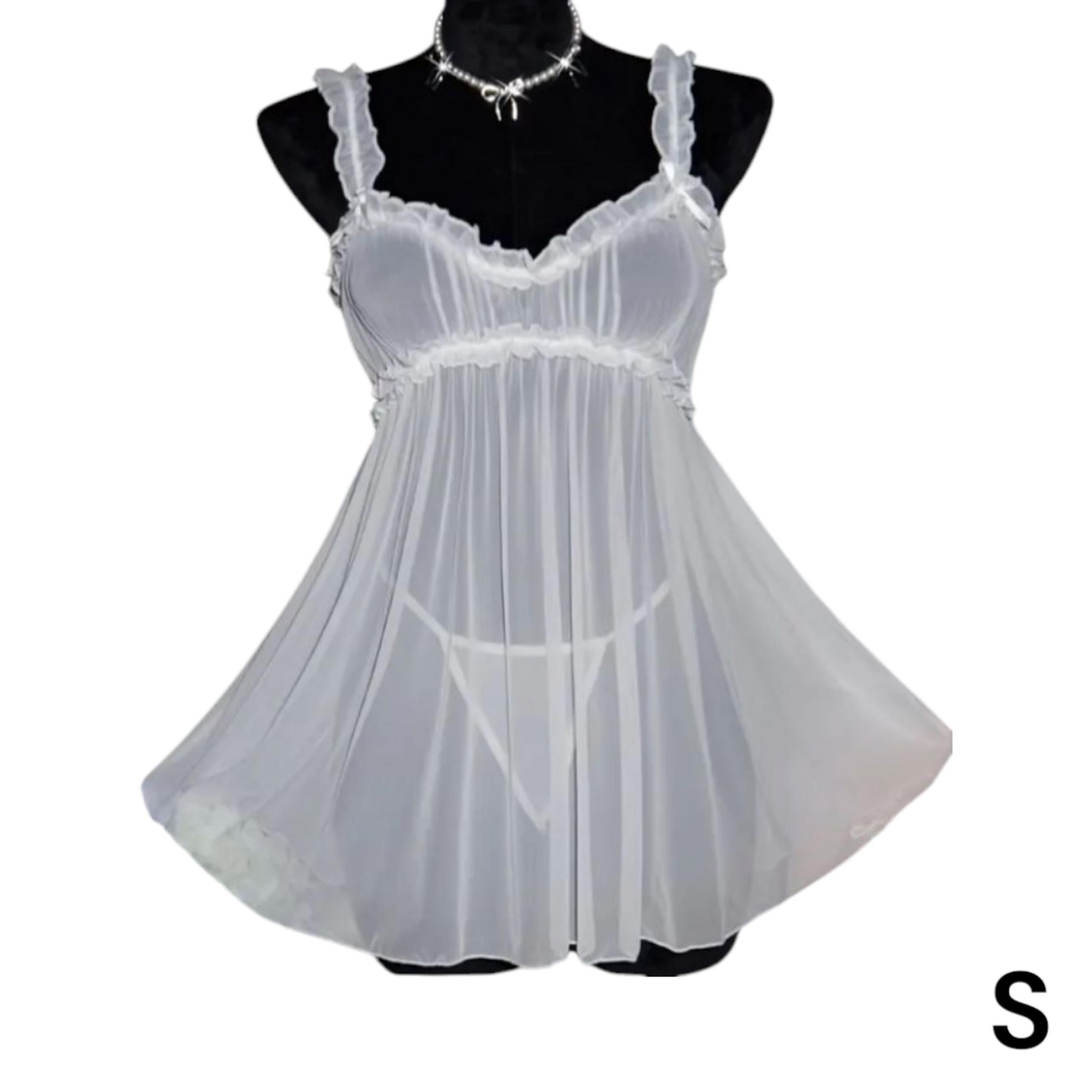 White Lace Nylon Lingerie, Sheer Teddy & Thong Set, Sexy Nightie, Women's Small