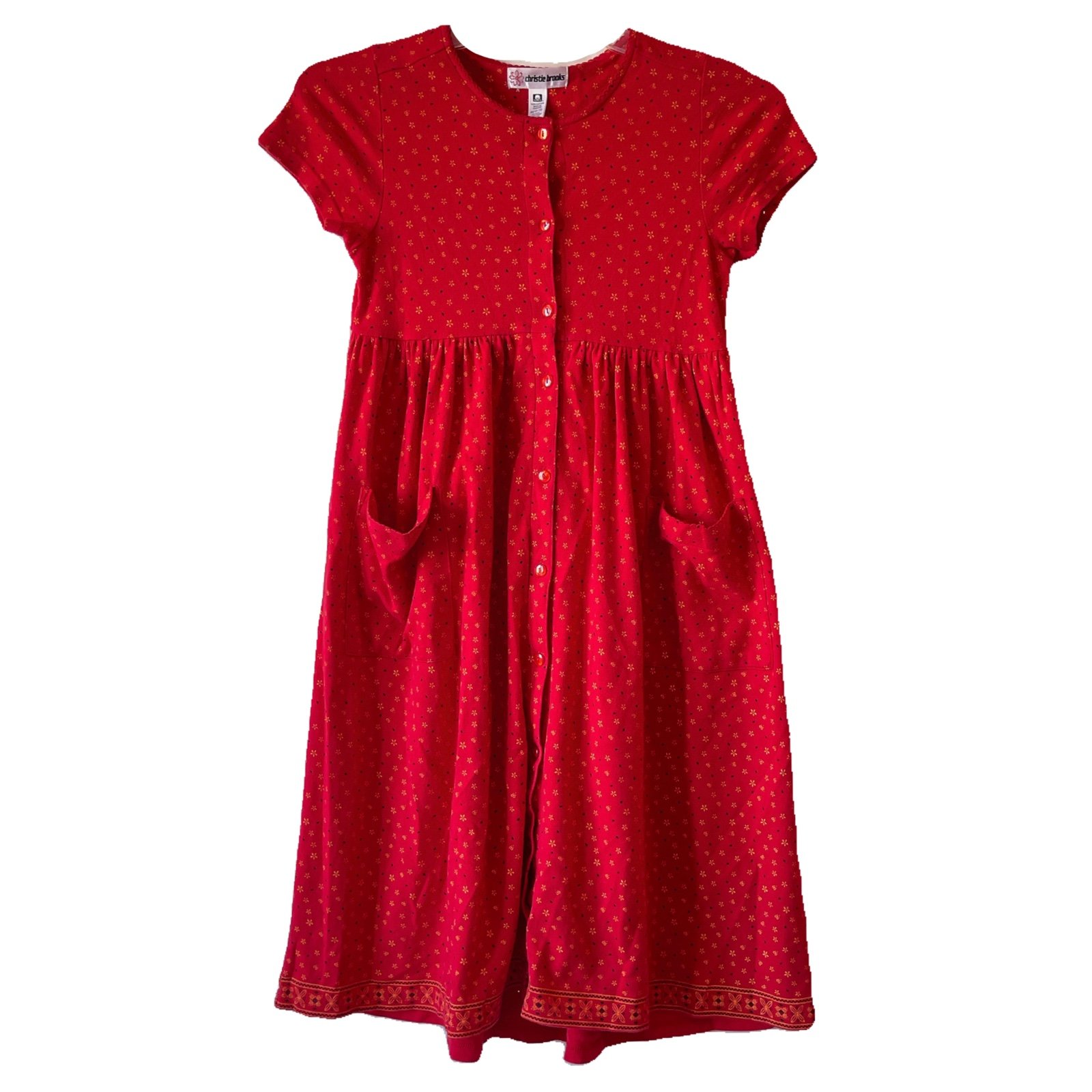 Vintage Floral Red Cottage Pocket Buttoned Dress