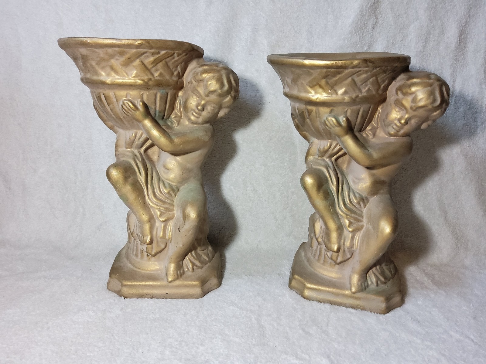 2 Vintage 11 Heavy Ceramic Cherub Statue Planters Candle Holders Frosted Gold