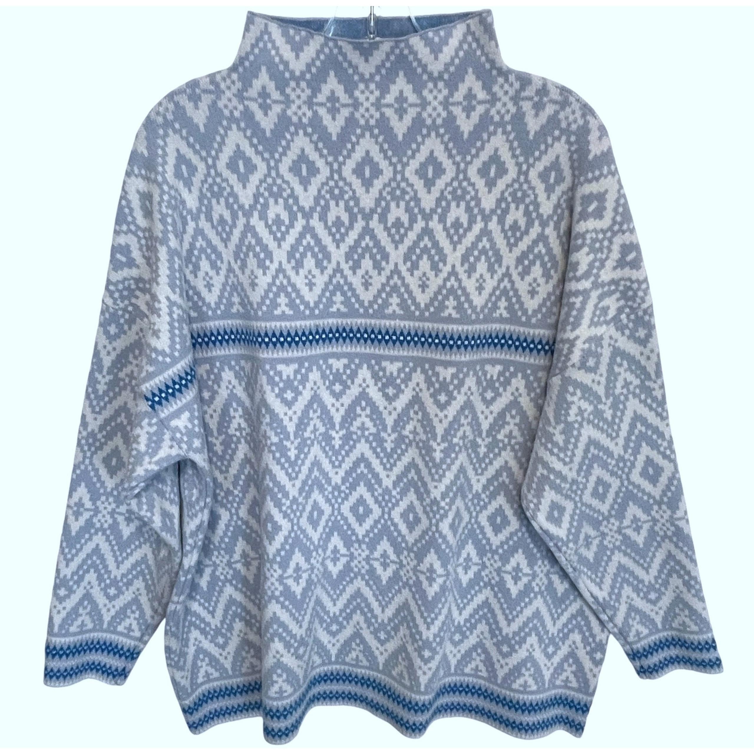Tahari Funnel Neck Sweater Womens Size 1X Light Blue & White Fair Isle Argyle