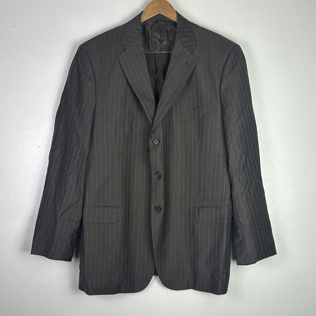 Galante Uomo Super 120s Wool 2 Button Blazer 46L Brown Stripe Blazer Coat Jacket