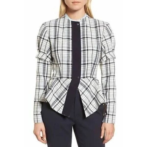 LEWIT Check plaid virgin wool raw edge peplum blazer jacket Sz M