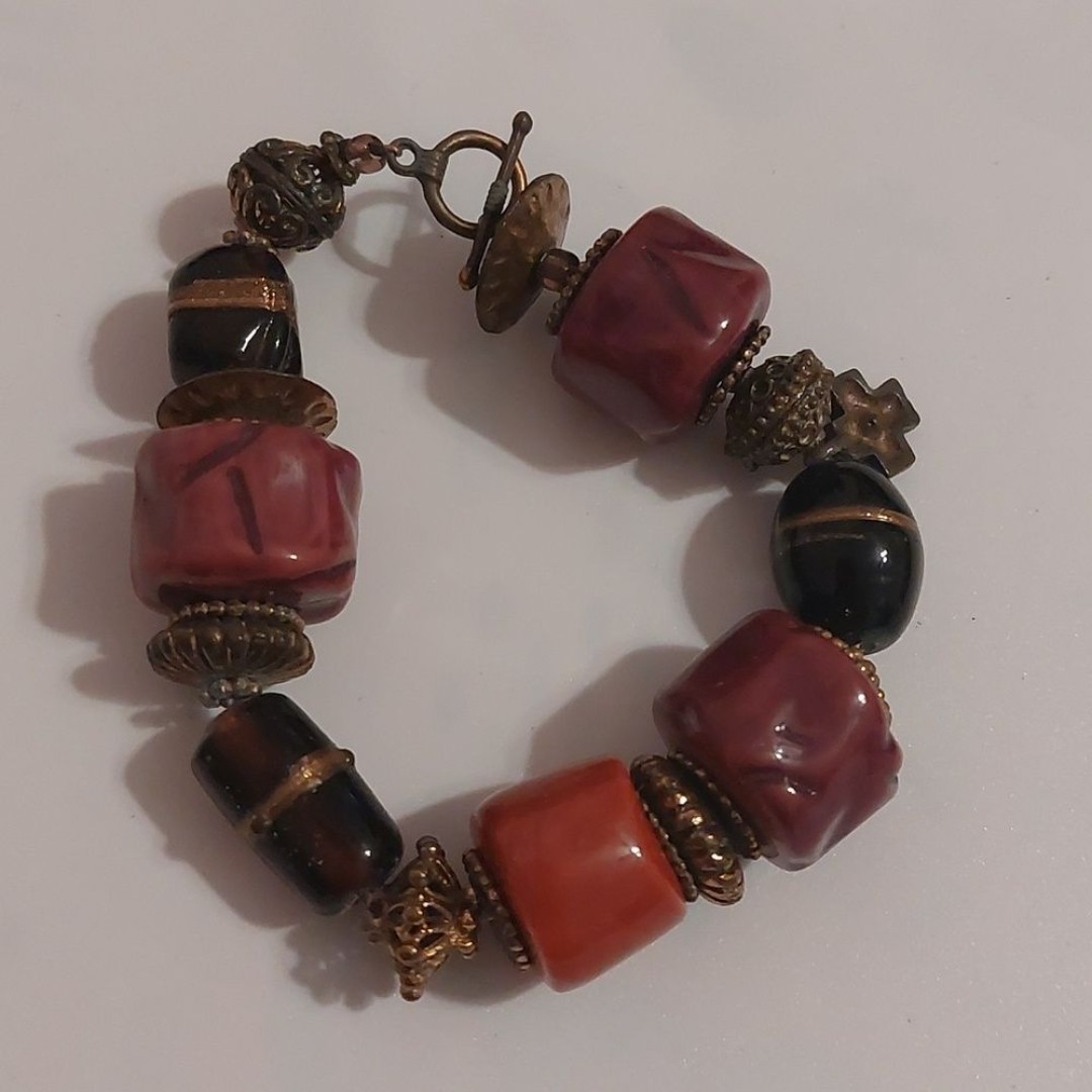 Vintage Copper Ceramic Glass Art Mixed Media Heavy Duty Toggle Bracelet