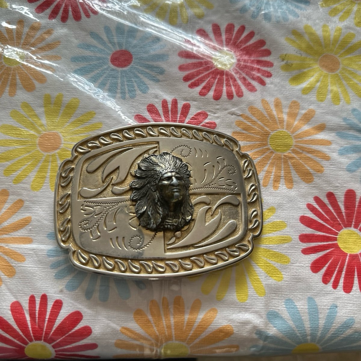 Native American Indian Chief in Headdress vintage two tone belt-buckle