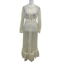 Vintage 70s Sheer Lace-Trim Robe Dressing Gown Long Sleeve Yellow size Medium