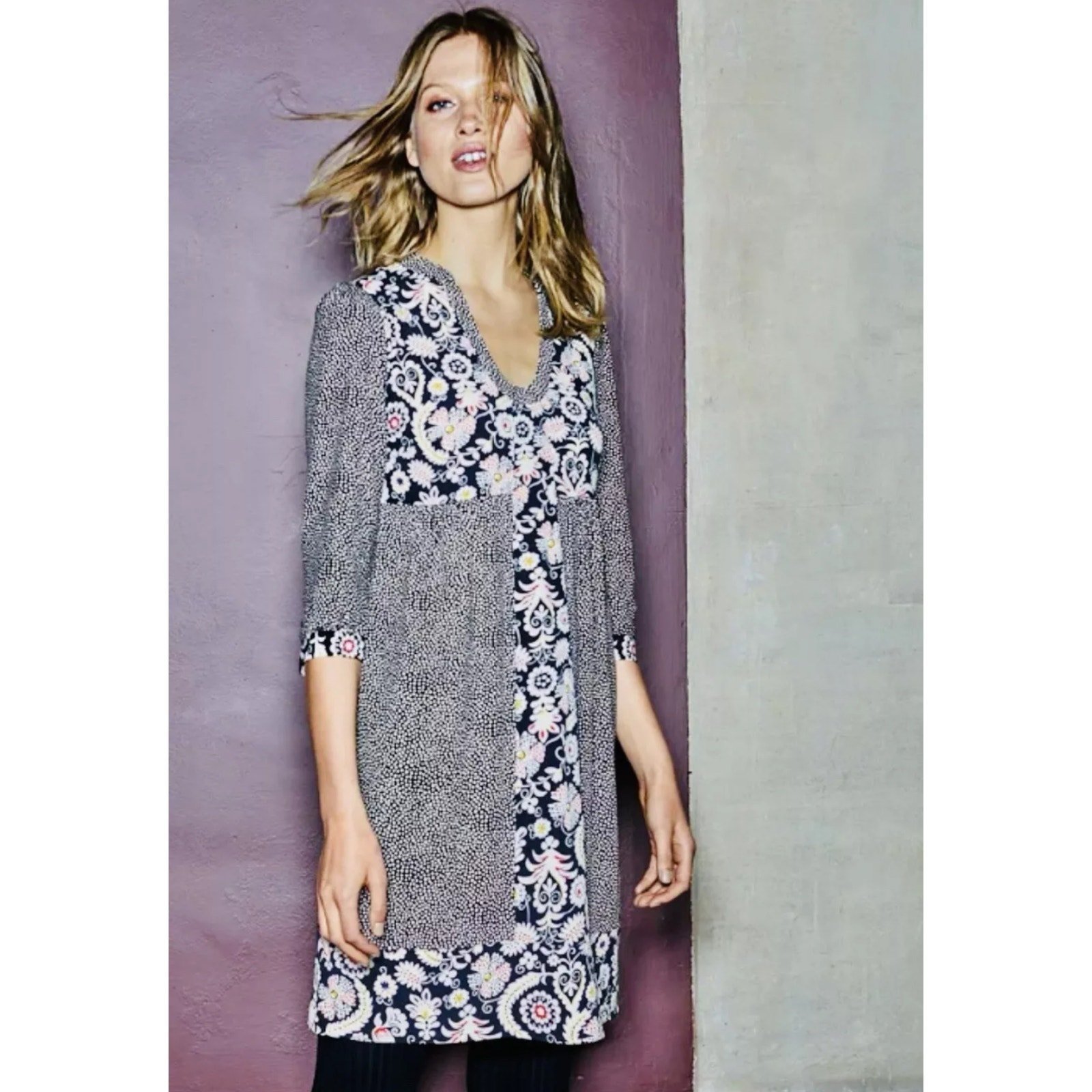 Boden Mollie Paisley Polkadot Patchwork Shift Dress Size 16R Boho Chic Classic