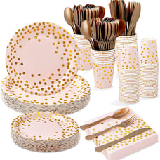 350 PCS Disposable Dinnerware Set Pink Paper Plates Napkins Cups, Gold Spoon