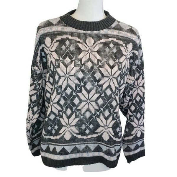 Vintage 80s ROSE Snowflake All Over Print Holiday Sweater Gray Fairy Kei Sz Sm