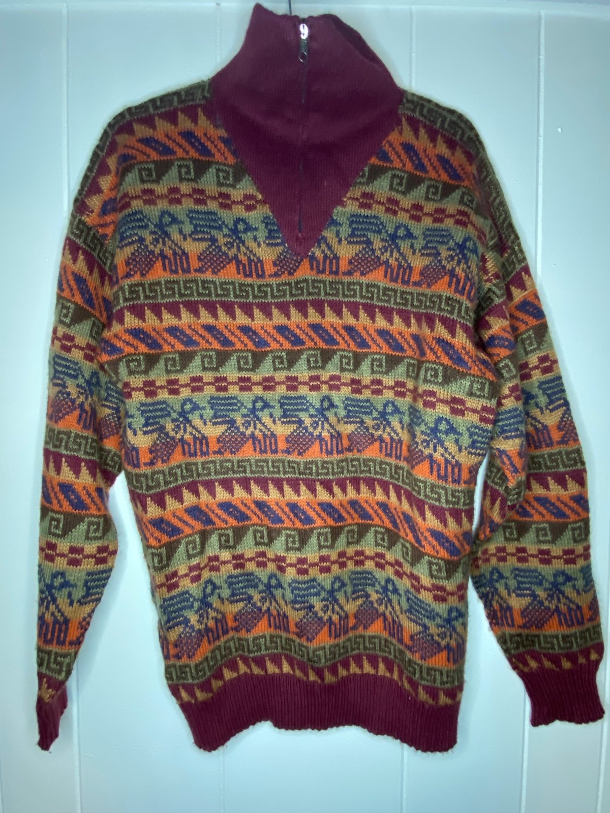 LP SUR 100% Alpaca Peru Abstract Print Art-to-Wear Cardigan Sweater 1/4 Zip
