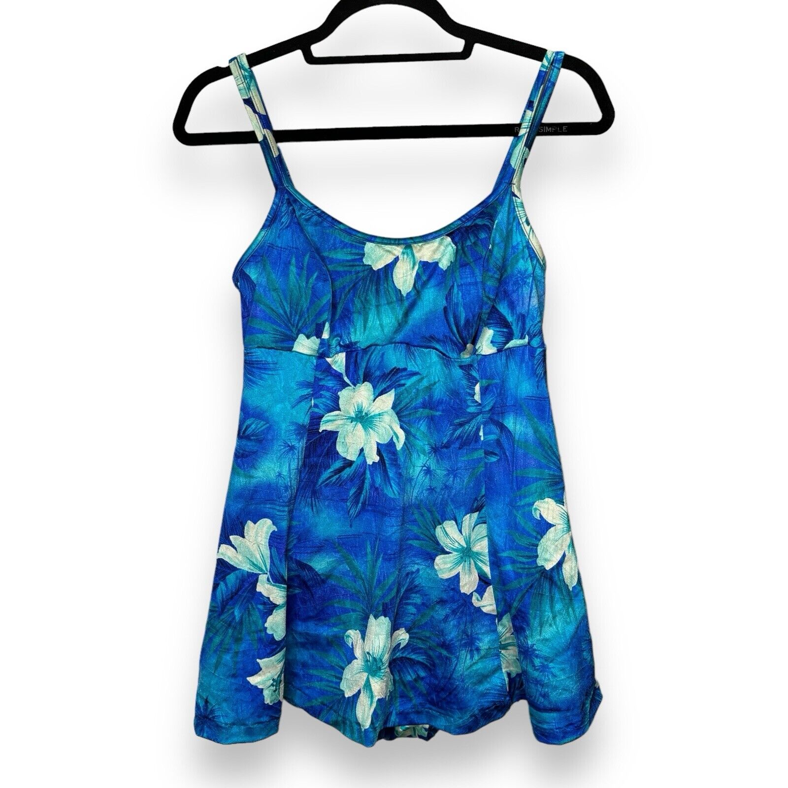 VTG Mainstream Women's Size 16 Tropical Floral One Piece Skirted Swimsuit Blue