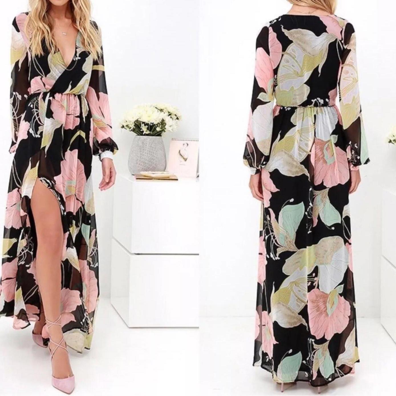 Lulus Wondrous Water Lilies Maxi prom Dress Small Black Floral New