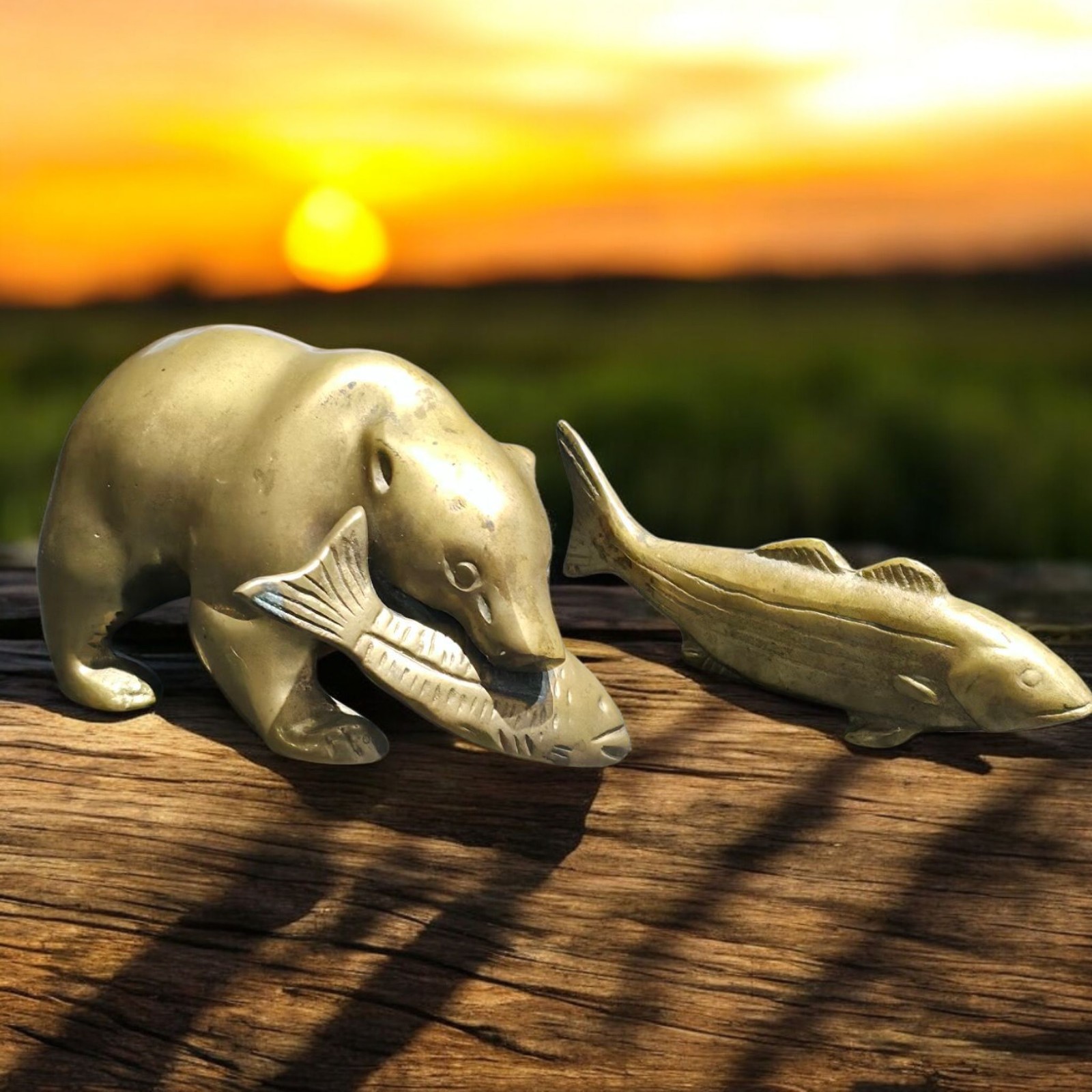 Vintage Solid Brass Bear with Fish & Trout Figurine Set Wildlife Animal Sculptur